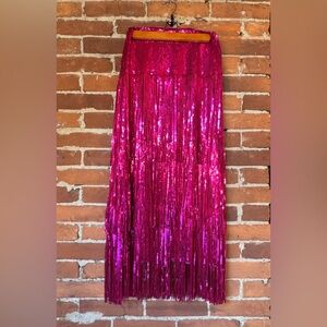 Anthropologie Pink Sequin Fringe Midi Skirt